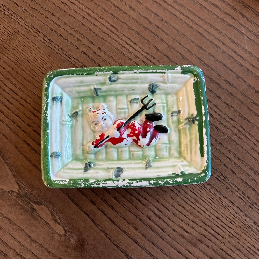 Vintage Japan Ceramic Devil Trinket Dish Kitsch Mid Century Halloween Tray 4x3